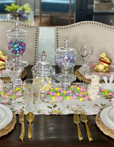 Easter decor and candy on table
